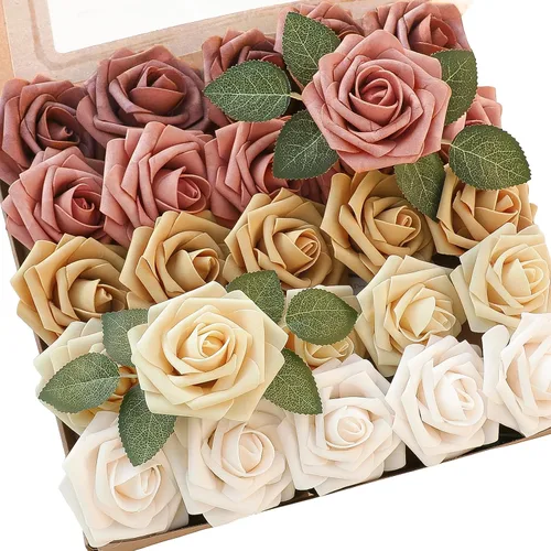Vista 41 de Floroom Flores artificiales, 25 piezas de rosas falsas de espuma dorada antigua de aspecto real con tallos para ramos de boda DIY, centros de mesa