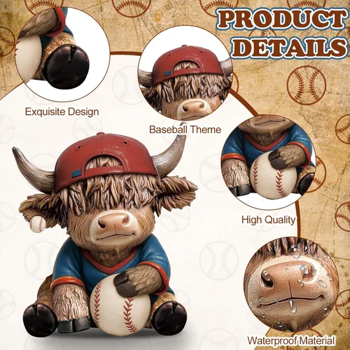 Vista 4 de Wesiti 2 figuras de vaca de las tierras altas de béisbol, bonita estatua deportiva de resina con murciélago y pelota, regalos para fanáticos
