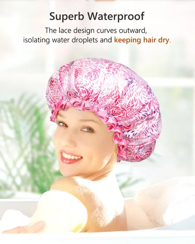 Vista 5 de mikimini Gorro de ducha grande para mujer, cabello largo, 1 paquete, diseño romántico de pétalos, doble capa impermeable, reutilizable, lavable