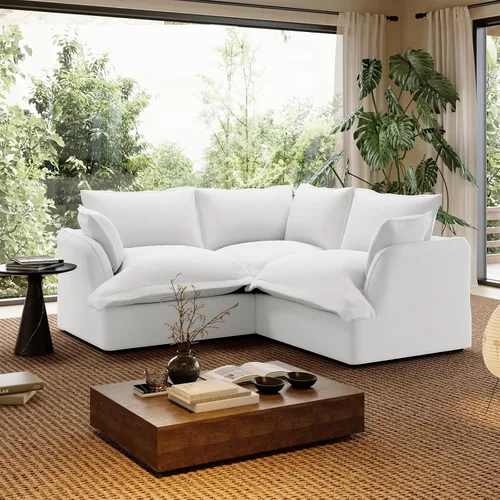 Vista 14 de Sofá modular de mezcla de lino para sala de estar, cómodo sofá modular con relleno de plumón, moderno sofá cama convertible con asiento profundo