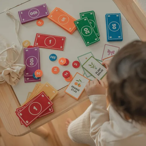Vista 7 de Good Ground Juego de simulación para niños de fieltro educativo Montessori juguete dólares billetes monedas, billetera, juego de conteo para niños