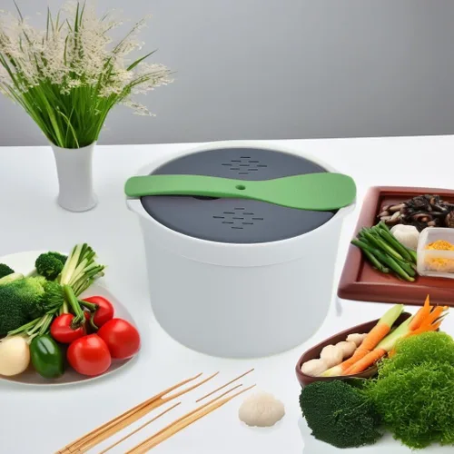 Vista 5 de Olla arrocera para microondas, vaporera para microondas, olla para pasta, 2 L, juego de arrocera para microondas, pasta, papa, verduras, quinua
