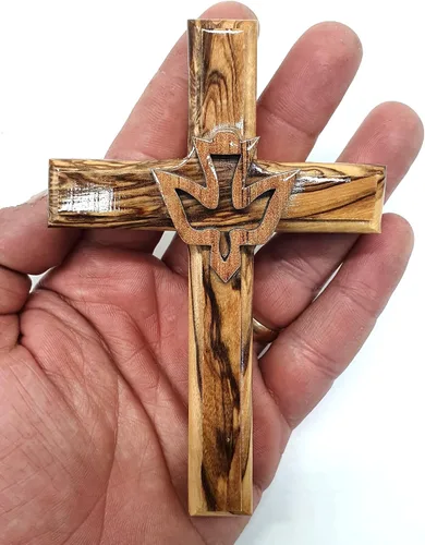 Vista 3 de Zuluf Cruz de paloma de madera de olivo de 4.7" colgante en la pared, Espíritu Santo, regalo religioso cristiano, decoración Tierra Santa CRS021