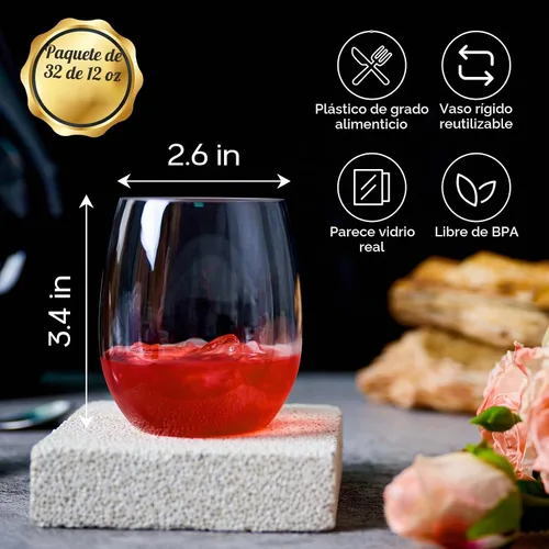 Vista 2 de FOCUSLINE Paquete de 32 copas de vino de plástico sin tallo, vasos de vino desechables transparentes de 12 onzas, copas de vino de plástico