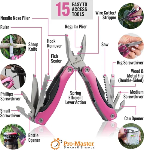 Vista 2 de Multiherramienta Rosa 15-en-1 para Mamá, Esposa, Hija, Abuela, Alicates de Multiherramienta EDC Práctica, Cuchillo de Bolsillo con Bloqueo
