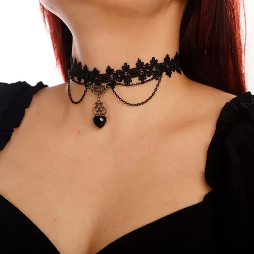 Vista 3 de Elegante collar de encaje negro vintage con flores a juego ligero para mujeres y niñas, gargantilla de piedra bohemia para adolescentes, niñas