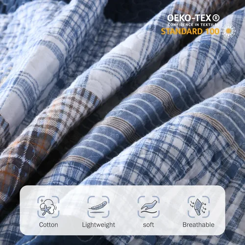 Vista 6 de Y-PLWOMEN Colcha tamaño Queen – Colcha reversible de 100% algodón a rayas estilo granja, ligera, acogedora y moderna, ropa de cama de campo para Azul