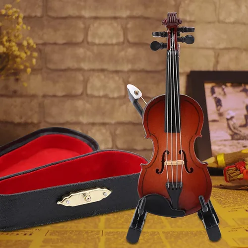 Vista 4 de Violonchelo miniatura de madera con soporte, arco y estuche Mini instrumento musical en miniatura modelo de casa de muñecas para decoración del hogar