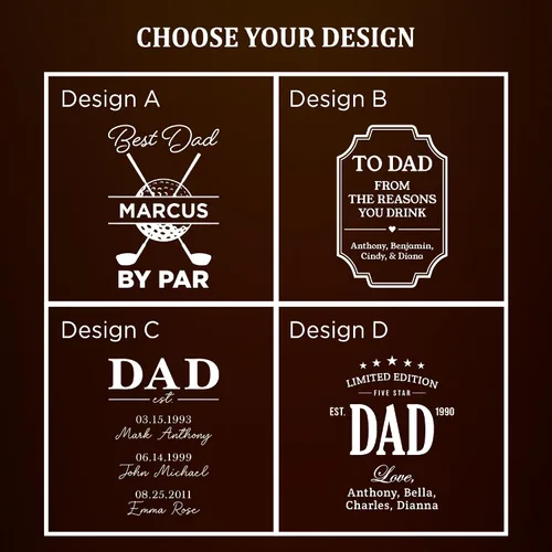 Vista 3 de Juego de decantador de whisky personalizado con vasos para papá, juegos de decantadores de bourbon personalizados, 4 diseños, vasos de whisky
