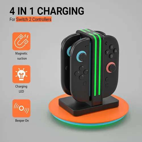 Vista 5 de Base de carga compatible con controladores Nintendo Switch 2 Joy Con, estación de carga Switch 2 con indicación LED y cable de carga, color negro