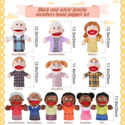 Vista 2 de Shappy 12 marionetas familiares de mano de 12 pulgadas, abuelos, mamá y papá, hermano y hermana, hijo e hija, juguetes de peluche