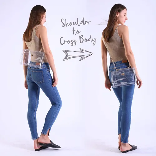 Vista 6 de Bolso de hombro con solapa transparente para mujer, con cierre de giro, minimalista, para estadio aprobado
