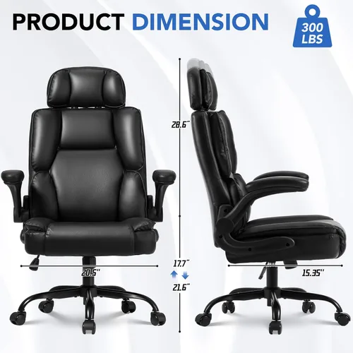 Vista 3 de Cómoda silla de oficina con reposacabezas ajustable, silla de escritorio ejecutiva de cuero con soporte lumbar, función mecedora, silla ergonómica
