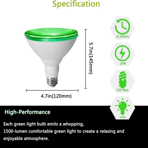 Vista 2 de PAR38 Bombillas de luz verde de inundación, luz de inundación LED verde de 15 W, equivalente a 100 W, bombillas verdes para exteriores con base E26