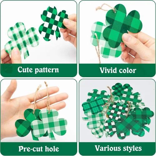 Vista 3 de WATINC Paquete de 25 adornos de madera de trébol, estilos clásicos del día de San Patricio, colgante de madera con recortes en forma de trébol