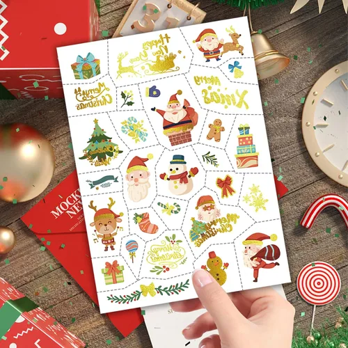 Vista 7 de 118 tatuajes de Navidad para niños, tatuajes falsos de Papá Noel, Rudolph árbol, muñeco de nieve, sombrero de muñeco de nieve, regalos de fiesta