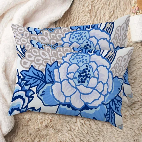 Vista 45 de Juego de 2 almohadas coloridas de estilo chinoiserie, color rosa intenso, azul real, peonía, floral, blanco, lino, estilo chinoiserie, para sofá