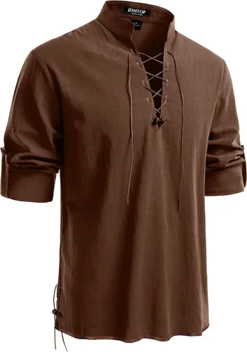 Vista 47 de JEMITOP Men's Pure Cotton Renaissance Lace Up Shirt Verde militar