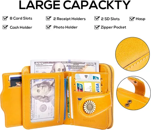 Vista 2 de INSIFEEL Billetera pequeña para mujer, bolso compacto de cuero con bloqueo RFID RFID para mujer, Amarillo, Retro