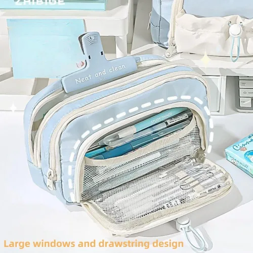 Vista 4 de Estuche para Lápices de Gran Capacidad, Porta Bolígrafos de Gran Apertura, Bolsa para Lápices Linda y Estética con Cordón, Estuche para Bolígrafos