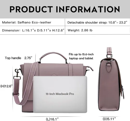 Vista 4 de Maletín para laptop de 15.6 pulgadas para mujer, piel ecológica saffiano morado vintage, 4 compartimentos grandes, 2 bolsillos deslizantes, 1