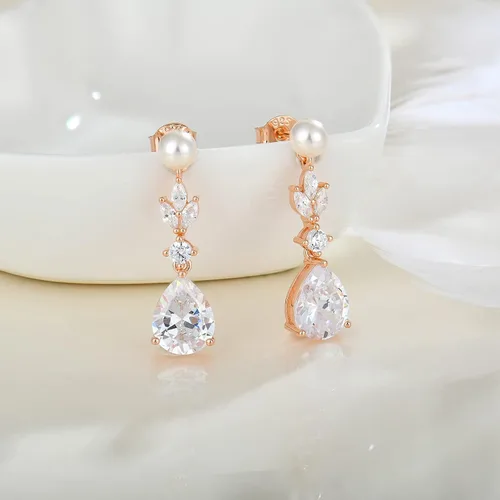 Vista 2 de Aretes de plata de ley 925 para mujer, aretes colgantes y gota de perlas con circonita cúbica 5A para mamá, madre, novia, abuela, esposa, regalos