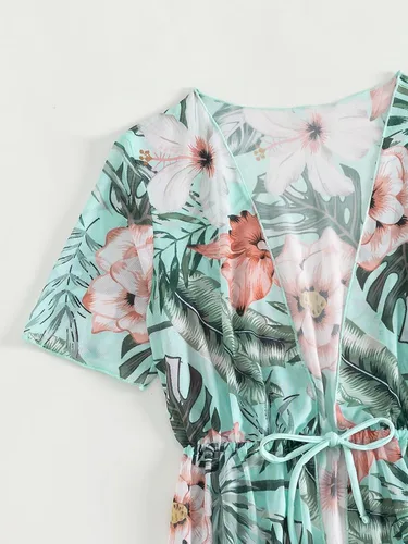 Vista 3 de MakeMeChic Traje de baño de 3 piezas para niña, lindo bikini floral con salida de baño
