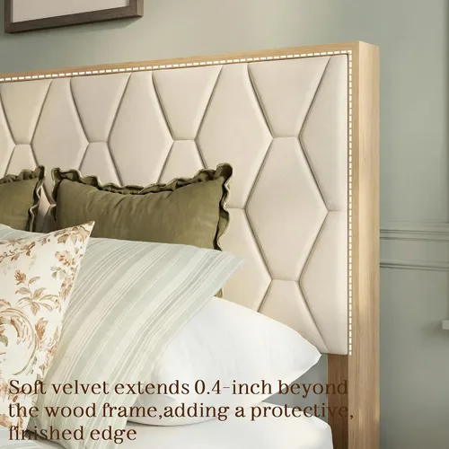 Vista 5 de Brafab Base de cama tamaño King, marco de cama de madera con cabecera de terciopelo copetudo de diamante, plataforma de madera con cabecera