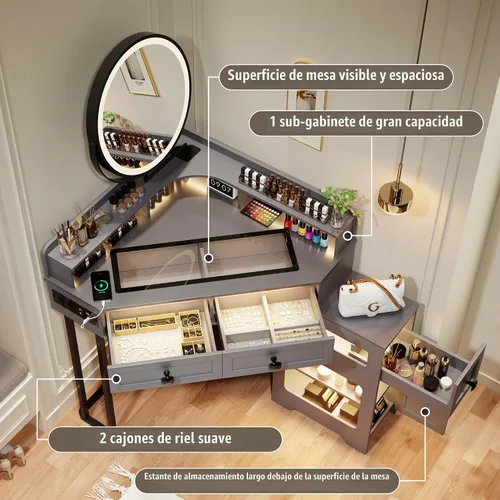 Vista 4 de FREDEES - Vanidad de maquillaje con espejo y luces Corner Makeup Desk with Drawers and Shelves, Vanity Table with Charging Station and Stool for