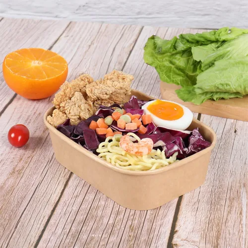 Vista 4 de Cuencos de papel kraft desechables de 17 onzas con tapas, recipientes rectangulares para alimentos, cuencos de sopa, suministros de fiesta, cuencos