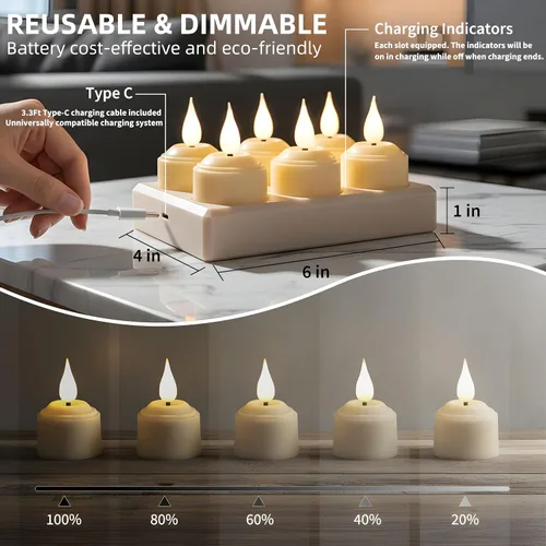Vista 7 de Velas de té recargables sin llama con temporizador remoto y base de carga, velas LED que funcionan con pilas, velas USB para otoño, boda, Navidad