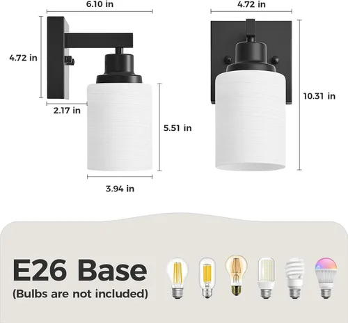 Vista 3 de Juego de 2 apliques de pared para baño, 1 luz negra, apliques de pared modernos para interiores con pantallas de vidrio blanco, lámpara de pared