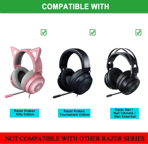 Vista 2 de Almohadillas de repuesto para orejas con cuero proteico y espuma viscoelástica para auriculares Razer Nari, Ultimate, Essential, Kraken Kitty Negro