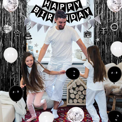 Vista 2 de Decoraciones de globos de cumpleaños negros y plateados para hombres y mujeres, decoraciones de feliz cumpleaños para niños y niñas, mantel