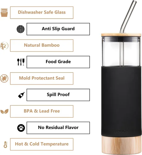 Vista 3 de Le'raze Vaso de vidrio prémium de 20 onzas con popote y base de tapa de bambú, funda protectora de silicona, sin BPA, botella de agua, vasos