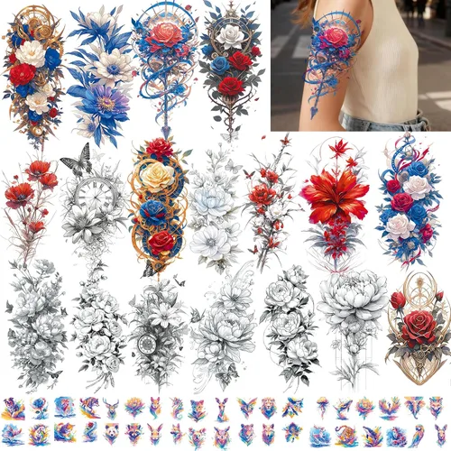 Vista 11 de Tatuaje temporal de brazo completo de Halloween para hombres y mujeres, 12 hojas de tatuajes temporales de manga de esqueleto de calavera, tatuajes