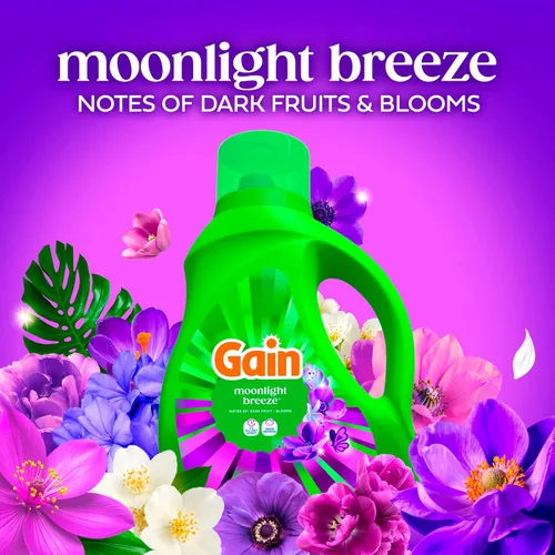 Vista 5 de Gain Detergente líquido para ropa con defensa del olor, aroma Moonlight Breeze, jabón de lavandería para lavadoras HE, 60 onzas líquidas, 45 cargas