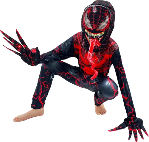 Vista 3 de LULUNEE Disfraz de superhéroe para niños, overol de cosplay de Halloween, estilo 3D rojo (110)