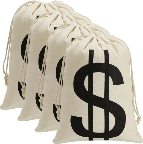 Vista 9 de 4 bolsas de dinero de lona de 6.3 x 9 pulgadas, bolsa de dinero de Halloween con letrero de dólar, sacos de dinero para disfraz de ladrón de bancos