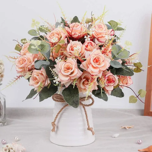 Vista 2 de LESING Rosa artificial con jarrón, ramos de flores de seda falsas en jarrón, arreglo de centro de mesa para cocina, sala de estar (rosa-1)