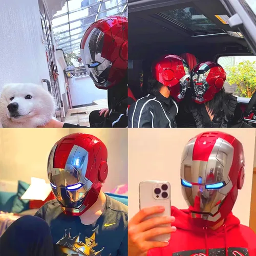 Vista 6 de Iron-Mans Casco electrónico Mark 5 casco plateado control de vozdeteccióncontrol remoto de aperturacierre con sonidos y ojos LED iluminados Super