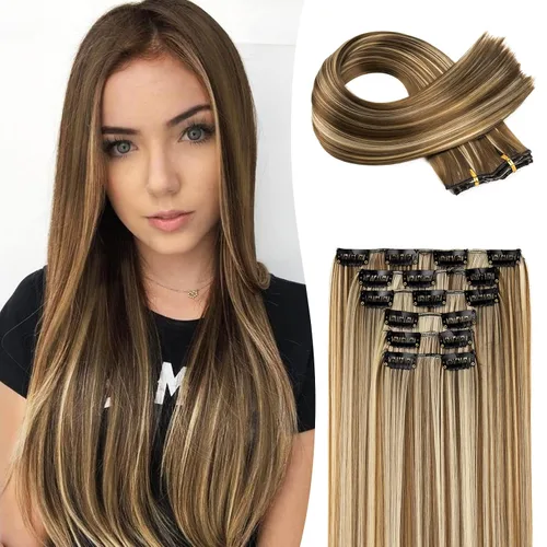 Vista 8 de LONAI 6 extensiones de cabello con clip, 24 pulgadas de largo, lacio, sintético, postizo para mujer, rubio ceniza natural