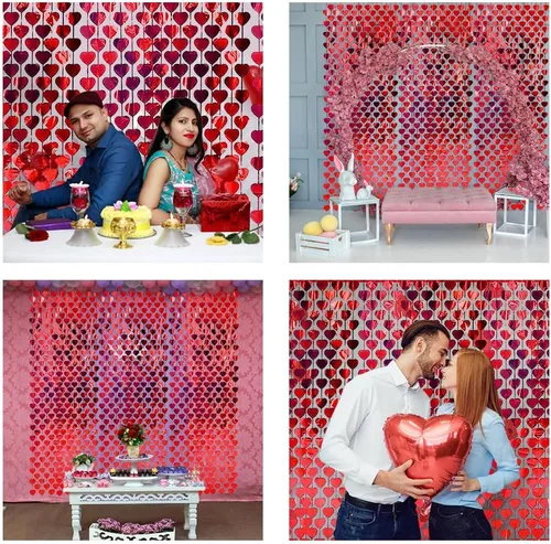 Vista 6 de AIBIIN Paquete de 2 cortinas de flecos de papel de aluminio de corazón rojo de 3.3 x 6.6 pies para el día de San Valentín, cortinas de fondo