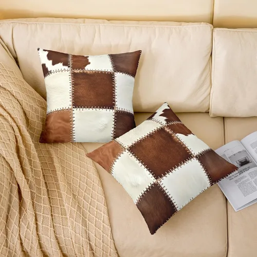 Vista 2 de Feelyou Funda de almohada de piel de vaca, funda de cojín rústica de retazos occidentales para decoración del hogar, sala de estar, funda de cojín