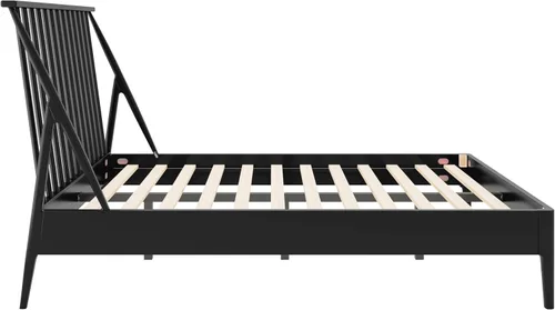 Vista 5 de Polibi Marco de cama Queen con plataforma de madera de bambú maciza, cabecera bohemia de 46.5 pulgadas de alto, listones de madera y soporte de Negro