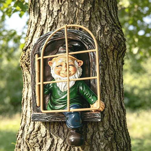 Vista 3 de Tirifer Gnomos de jardín, elfo fuera de la puerta, decoración al aire libre enanos 3D al aire libre, escultura de árbol de gnomo, decoración