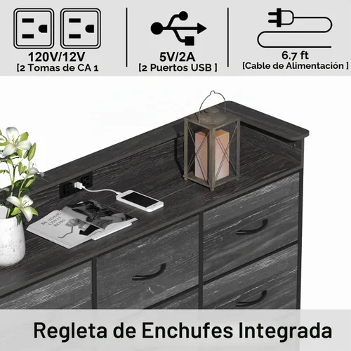 Vista 6 de EXOTICA Cómoda negra con estación de carga, 9 cajones con luz LED y puertos USB, cómoda de tela para dormitorio, pasillo, entrada, armarios, marco