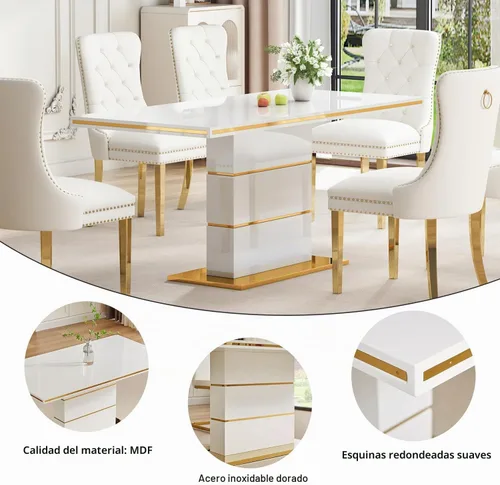 Vista 5 de Mesa de comedor moderna para 6 personas, mesa de comedor grande de cocina de 63 pulgadas con parte superior de laca para hornear, placa base de Mesa