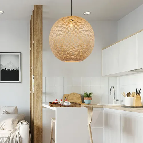 Vista 8 de Arturesthome Luces Colgantes de Bambú de 15.7", Candelabro de Mimbre Redondo, Pantalla de Lámpara de Canasta Boho Tejida a Mano, Luz de Techo