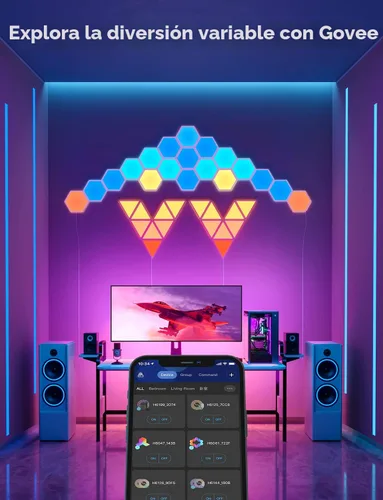 Vista 7 de Paneles de luz Govee Glide Hexa, luces de pared LED hexagonales RGBIC, luces de pared creativas Wi-Fi para el hogar inteligente con sincronización